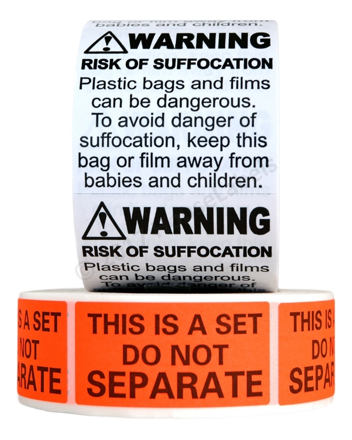 FBA Combo Pack of 1 roll Suffocation Warning Stickers and 1 roll This is A  Set Do Not Separate Stickers