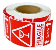 Picture of (1 Roll, 500 Labels) Pre-Printed 3x5 Fragile GLASS This Way Up Labels. Best Value