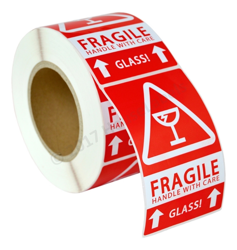 Picture of (2 Rolls , 500 Labels) Pre-Printed 3x5 Fragile GLASS This Way Up Labels. Best Value