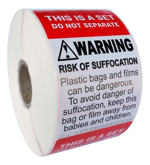 Picture of 6 Rolls (500 labels per roll) Pre-Printed 2" x 3” THIS IS SET / SUFFOCATION WARNING - Best Value