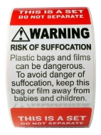 Picture of 6 Rolls (500 labels per roll) Pre-Printed 2" x 3” THIS IS SET / SUFFOCATION WARNING - Shipping Included