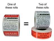 Picture of 6 Rolls (500 labels per roll) Pre-Printed 2" x 3” THIS IS SET / SUFFOCATION WARNING - Shipping Included