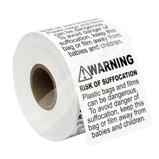 Picture of 24 Rolls (500 Labels Per Roll) Pre-Printed 2x2 FBA Approved Suffocation Warning Labels. Shipping Included
