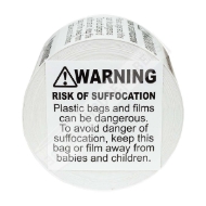 Picture of 2 Rolls (500 Labels Per Roll) Pre-Printed 2x2 FBA Approved Suffocation Warning Labels. Best Value