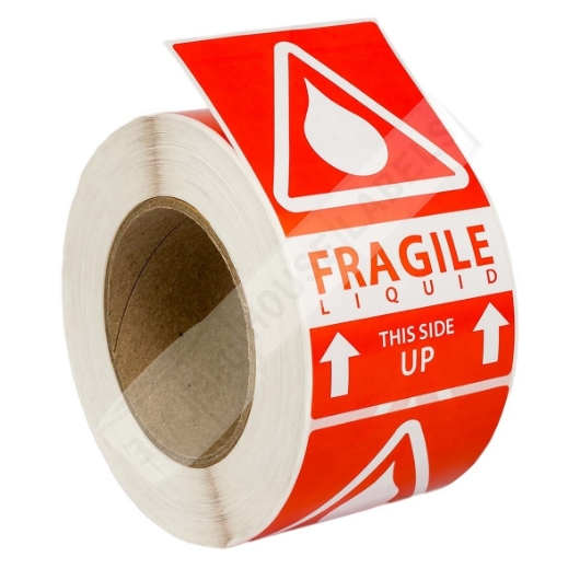 Picture of (5 Rolls, 500 Labels) Pre-Printed 3x5 Fragile LIQUID This Way Up Labels. Best Value