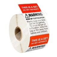 Picture of 2 Rolls (500 labels per roll) Pre-Printed 2" x 3” THIS IS SET / SUFFOCATION WARNING - Best Value