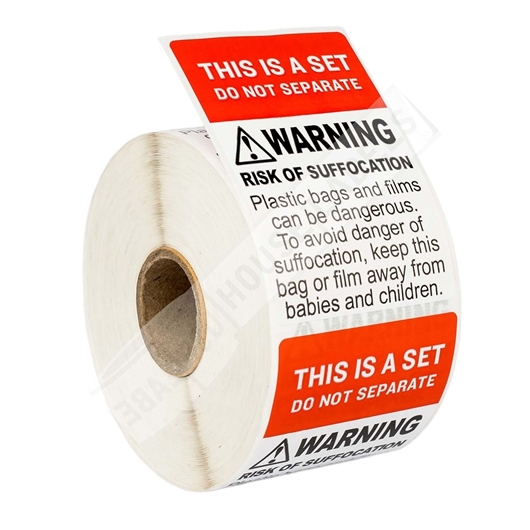 Picture of 2 Rolls (500 labels per roll) Pre-Printed 2" x 3” THIS IS SET / SUFFOCATION WARNING - Best Value