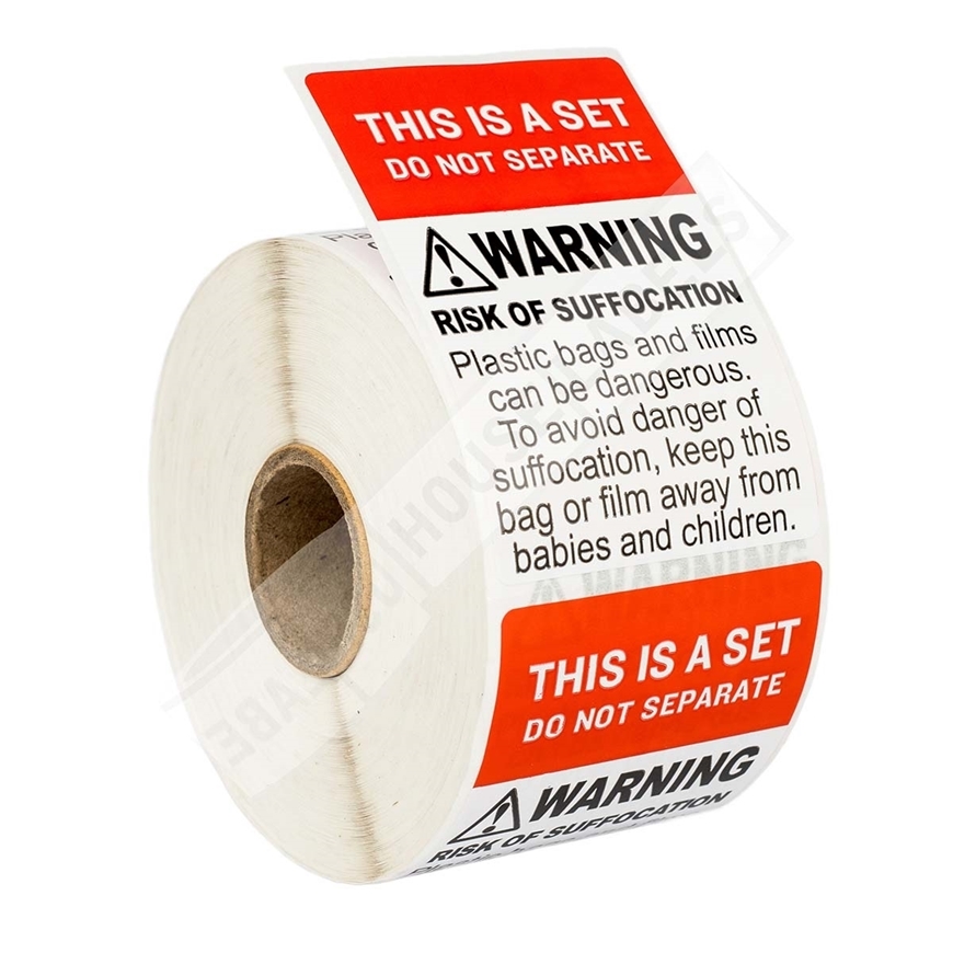Picture of 50 Rolls (500 labels per roll) Pre-Printed 2" x 3” THIS IS SET / SUFFOCATION WARNING - Shipping Included