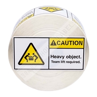 Picture of 1 rolls (500 labels per roll) Pre-Printed 3x1.5 CAUTION HEAVY OBJECT Team Lift Required Best Value