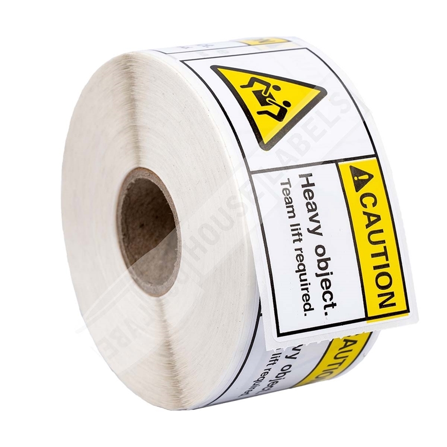 Picture of 6 rolls (500 labels per roll) Pre-Printed 3x1.5 CAUTION HEAVY OBJECT Team Lift Required Best Value