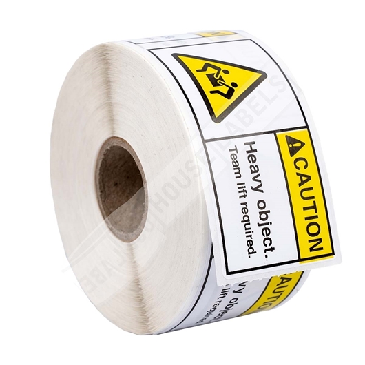 Picture of 28 rolls (500 labels per roll) Pre-Printed 3x1.5 CAUTION HEAVY OBJECT Team Lift Required Shipping Included