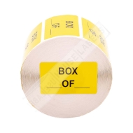 Picture of 6 rolls  (1,000 labels per roll) Pre-Printed  Box __ of __, Yellow, 2" x 1.25" 