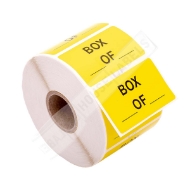 Picture of 12 rolls  (1,000 labels per roll) Pre-Printed  Box __ of __, Yellow, 2" x 1.25" 