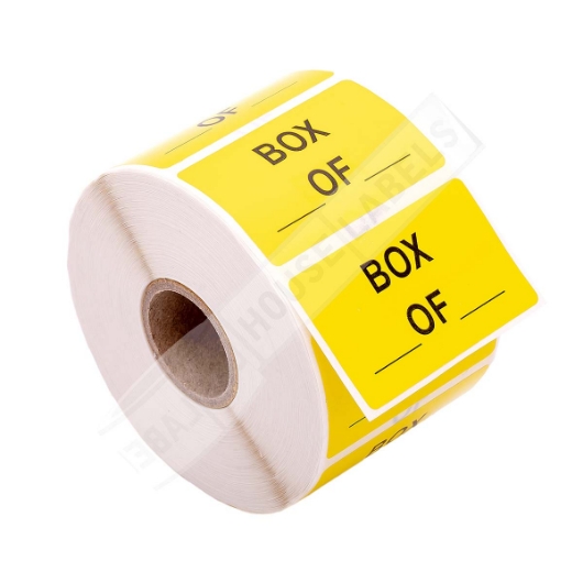 Picture of 18 rolls  (1,000 labels per roll) Pre-Printed  Box __ of __, Yellow, 2" x 1.25" 
