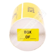 Picture of 6 rolls  (500 labels per roll) Pre-Printed  Box __ of __, Yellow, 5" x 3" 