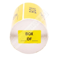 Picture of 9 rolls  (500 labels per roll) Pre-Printed  Box __ of __, Yellow, 5" x 3" 