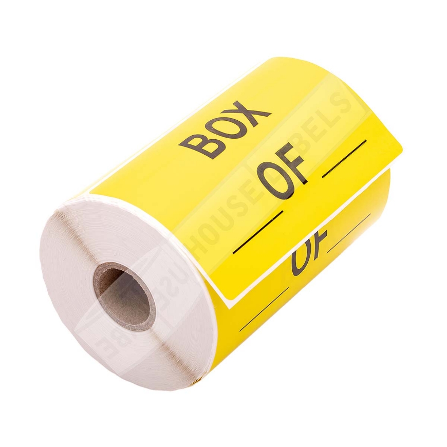 Picture of 20 rolls  (500 labels per roll) Pre-Printed  Box __ of __, Yellow, 5" x 3" 