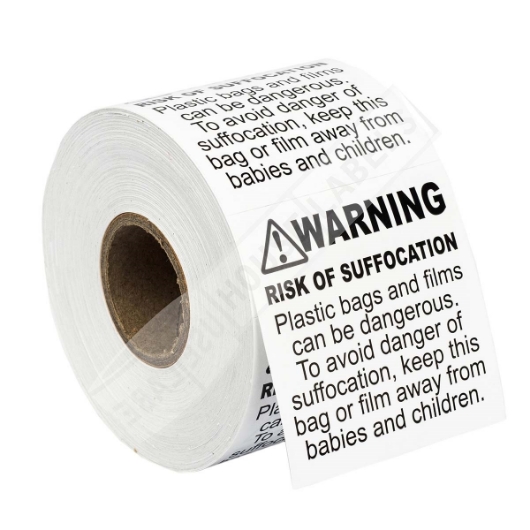 Picture of 20 Rolls (500 Labels Per Roll) Pre-Printed 2x2 FBA Approved Suffocation Warning Labels. Best Value