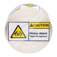 Picture of 20 rolls (500 labels per roll) Pre-Printed 3x1.5 CAUTION HEAVY OBJECT Team Lift Required Best Value